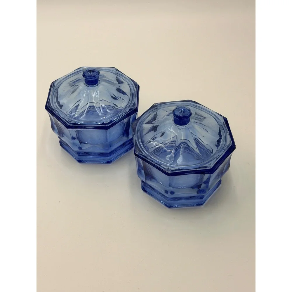 Vintage Indiana Glass Blue Glass Octagon Candy Dishes Set Lot of 2 Paneled Jars